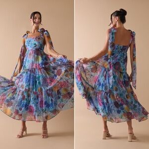 Francesca’s Alahna Tie Strap Light Blue Floral Maxi Dress, size XS + NWT